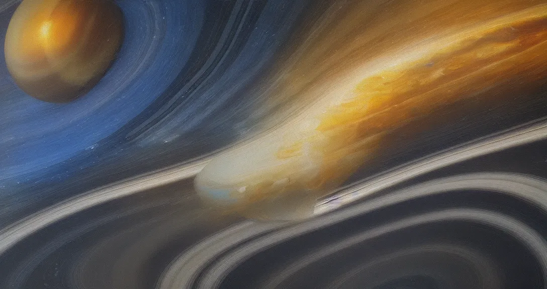 Image similar to saturn rings chaotic cosmic oil painting