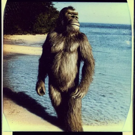 Prompt: a Polaroid photo of bigfoot on holiday at the beach