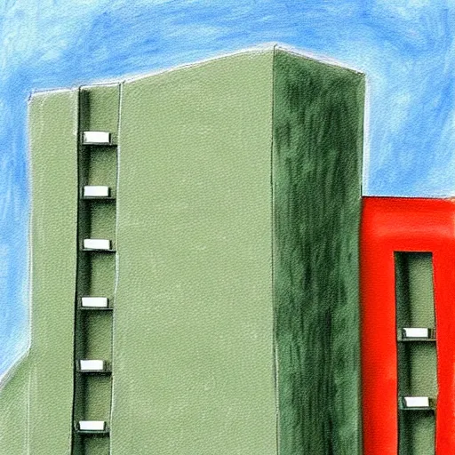 Image similar to a real concrete building with anthropomorphic qualities. a painting of sceptile by ricardo bofill. one building that reminds me of a green lizard with a red mouth. clearly a building. poorly drawn, bad, low quality, ugly, not very aesthetic at all in fact