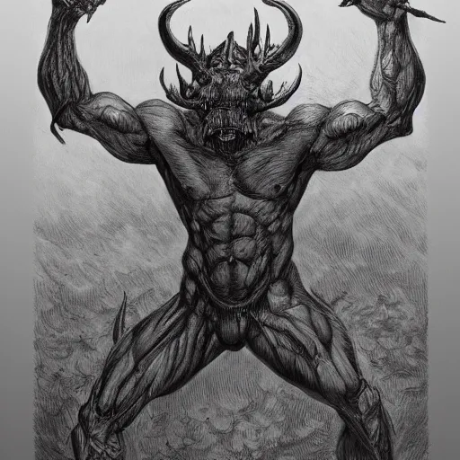 Prompt: full body grayscale drawing by Gustave Dore and Anato Finnstark of muscled horned humanoid beast, swirling flames