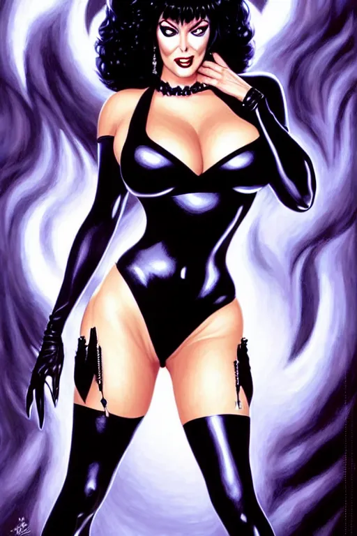 Image similar to a ( beautiful masterpiece highly detailed ) full body portrait illustration of intimate alluring elvira! mistress of the dark by ralph horsely and artgerm and joe jusko, raven black, pearlescent white