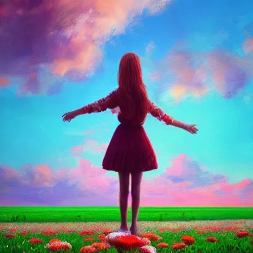 Prompt: head made of carnations flower, girl standing in the middle of a flower field, surreal photography, sunrise dramatic light, impressionist painting, colorful clouds, large sky, digital painting, artstation, simon stalenhag, flower face