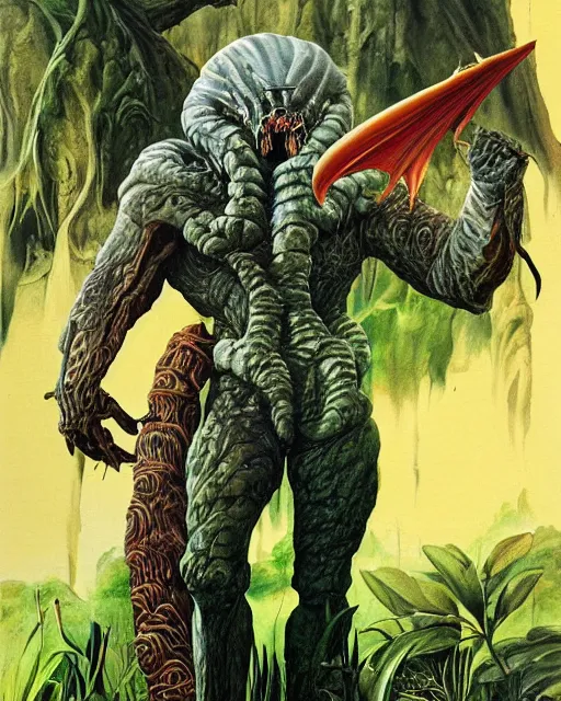 Image similar to roger dean portrait painting art of predator ( 1 9 8 7 )