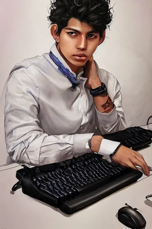 Image similar to painting of a young mexican man with short curly hair sitting at his work desk with an incredibly fancy mechanical keyboard, by artgerm and yoshitaka amano, trending on artstation