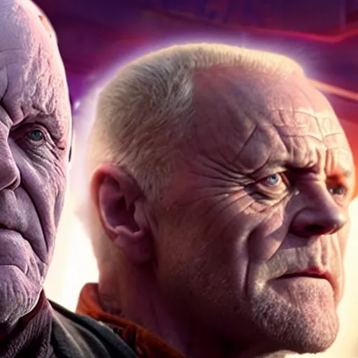 Prompt: Anthony Hopkins playing Thanos in MCU's Endgame, Cinematic, Movie Still