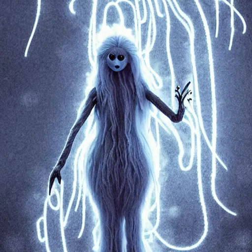 Prompt: humanoid ethereal ghostly live action muppet wraith like figure with a lightbulb jellyfish head with two very long tentacles for arms that flow gracefully at its sides with a long fuzzy snake tail in place of its legs, it stalks around the frozen tundra searching for lost souls and that hide in the shadows in the trees, this character can control the ice, snow, shadows, and electricity, it is a real muppet by sesame street, photo realistic, real, realistic, felt, stopmotion, photography, sesame street