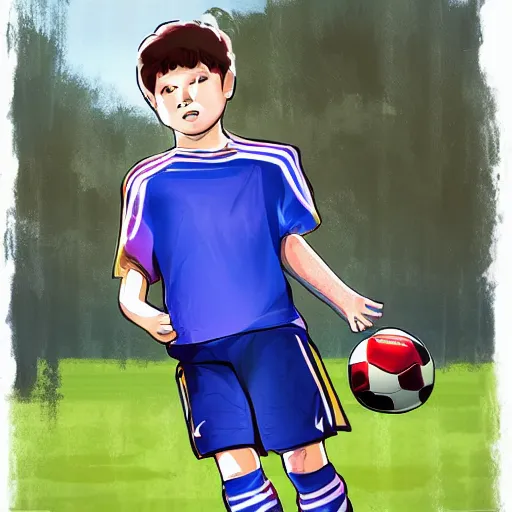 Image similar to a young boy wearing soccer clothes in the park, digital art