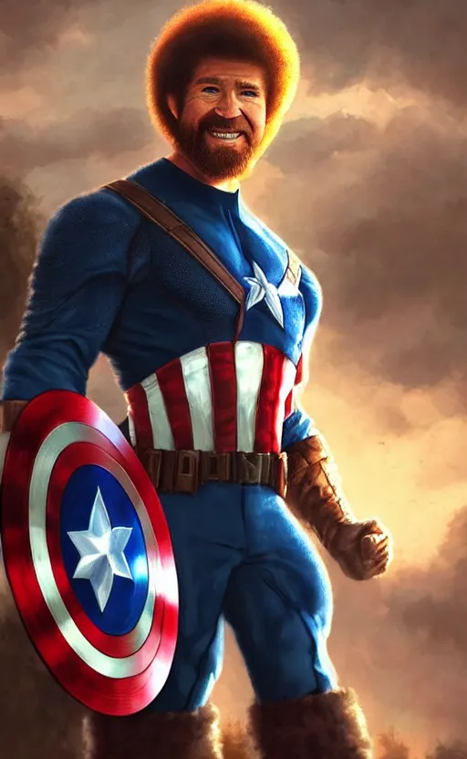 Image similar to bob ross as captain america, dynamic lighting, cinematic, ultra detailed, trending on art station, stunning visuals, creative, fantasy concept art