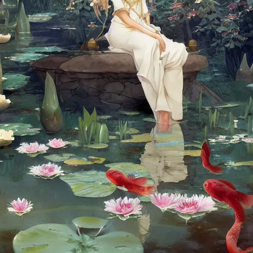 Prompt: isekai masterpiece drawn by bowater charlie, cabanel alexandre, james c. christensen, cornwell dean, of a beautiful anime girl sitting in a pond filled with lily pads and koi fish