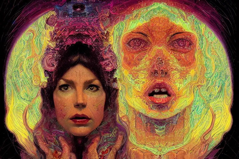 Image similar to Portrait of beautiful woman, surrounded by neural vivid realm, dark babylonian surrealism, painted part by francis bacon, part by jeffrey smith, part by josan gonzales, part by dan mumford, part by norman rockwell, part by gustave moreau, artstation, 4K, highly detailed,