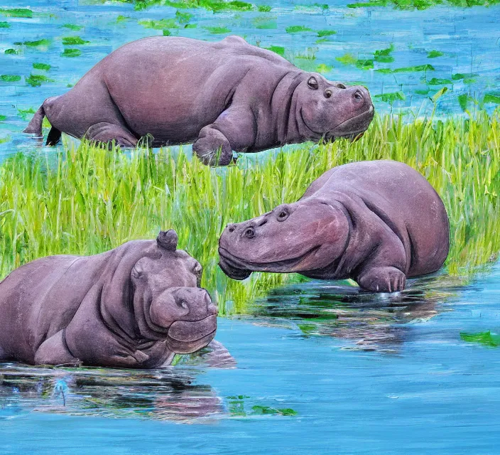 Image similar to a shallows with hippopotamuses. in a neo - figurative art style. using action painting.