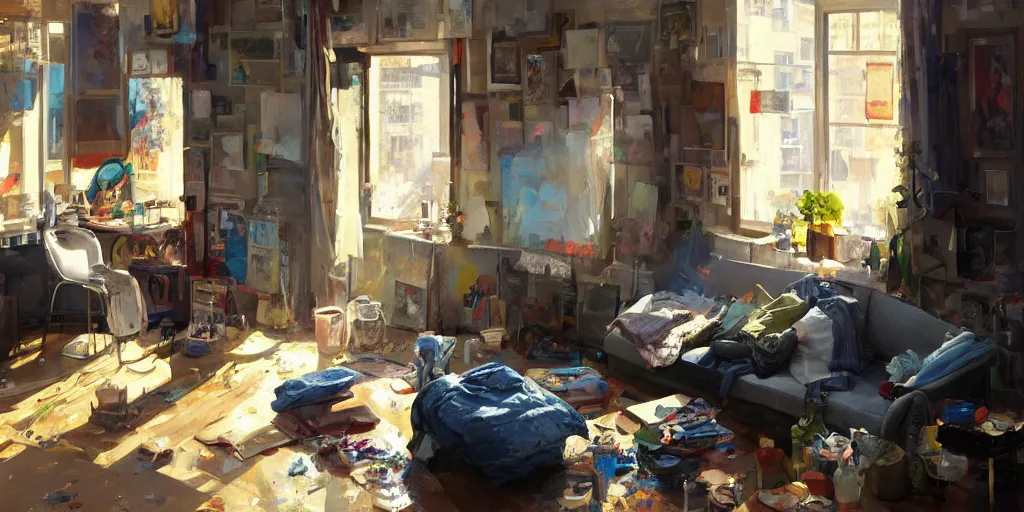 Image similar to A ultradetailed beautiful panting of a messy moders apartment, bright sunny day, Oil painting, by Ilya Kuvshinov, Greg Rutkowski and Makoto Shinkai