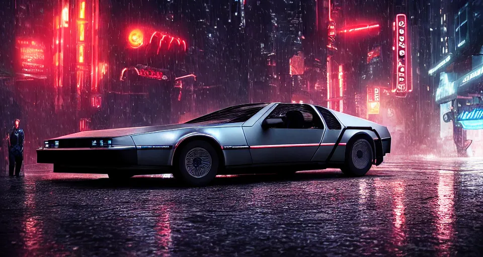 Image similar to a 2 8 mm closeup photo of a delorean tron tesla car on wet city street at night, intricate, hyper detailed, smooth, high contrast, neon, volumetric lighting, octane, moebius, greg rutkowski, blade runner, ripley scott, cindmatic