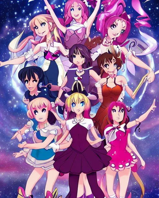 Prompt: a movie about a group of magical girls saving the world, movie poster, anime art