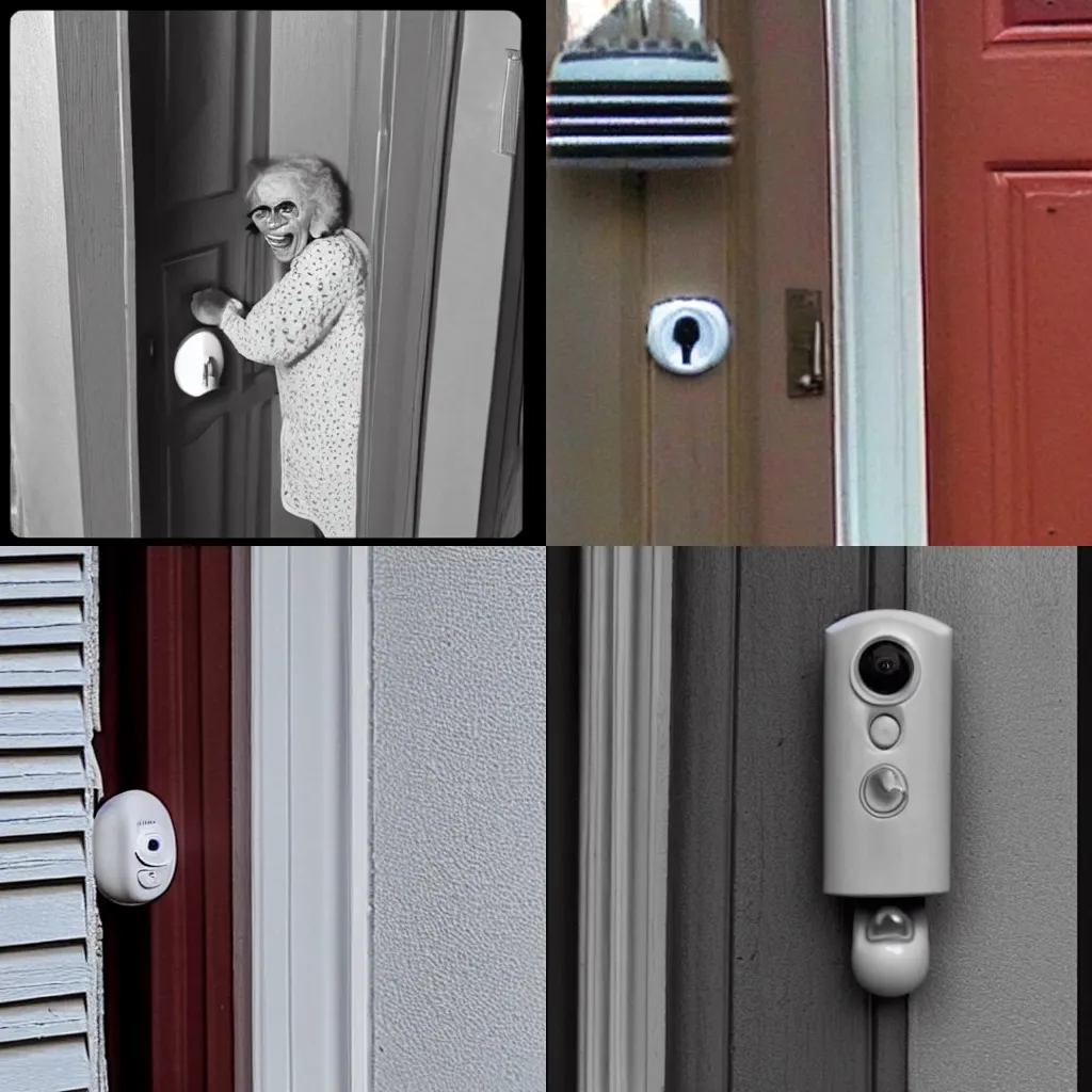 Prompt: Old crazy lady seen on a doorbell cam in the middle of the night