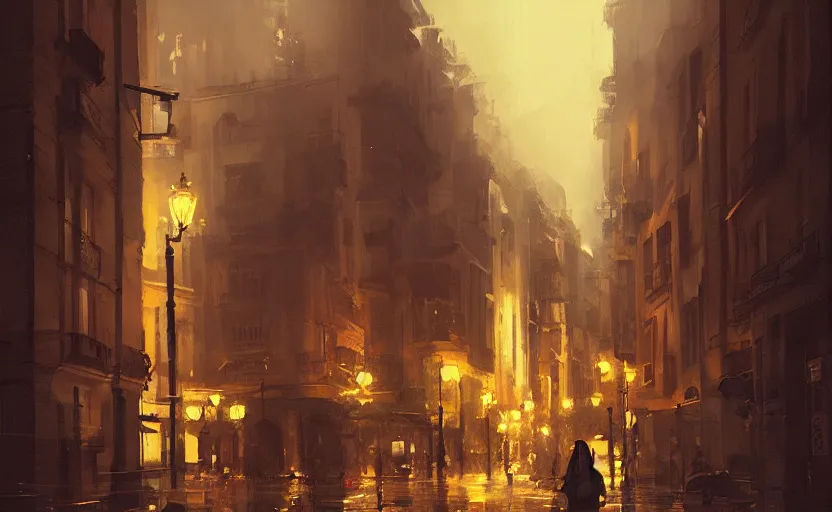 Prompt: Madrid city streets at night, Greg Rutkowski, digital art, artstation