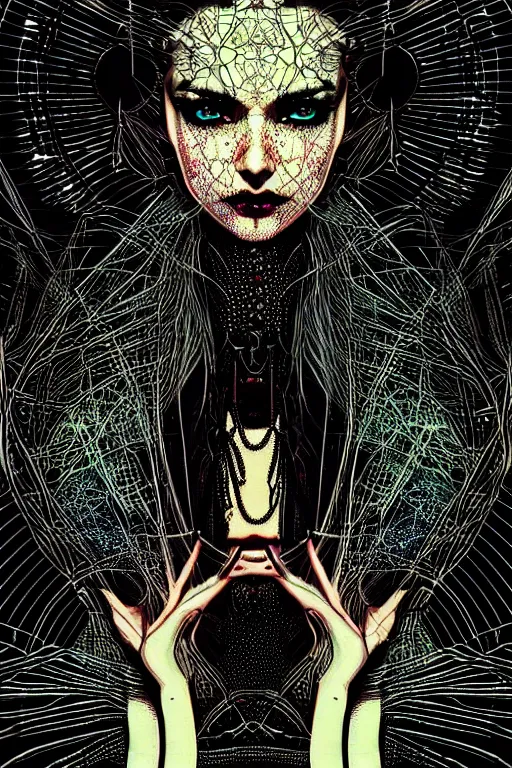 Prompt: dreamy cyberpunk girl, abstract black leather, digital nodes, beautiful woman, detailed acrylic, grunge, intricate complexity, by dan mumford and by harry clarke, peter lindbergh