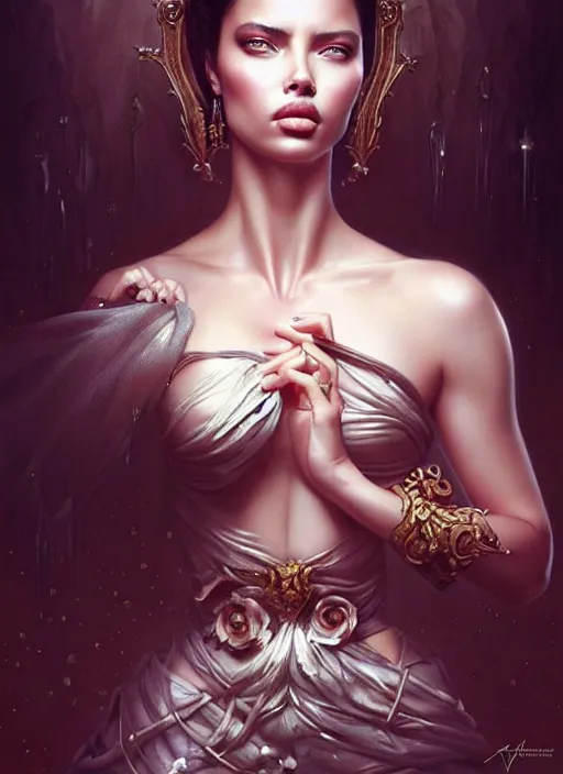 Image similar to a beautiful woman with baroque dress, adriana lima, painted by artgerm and tom bagshaw, fantasy art, dramatic lighting, highly detailed oil painting