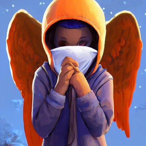 Image similar to baby Angel, baby cherub,wearing angel halo, ski mask, balaclava, face covered, wearing angel halo covered face, orange hoodie, hip hop, multiple golden necklaces, fantasy art apex fortnite Video game icon, 2d game art gta5 cover , official fanart behance hd artstation by Jesper Ejsing, by RHADS, Makoto Shinkai and Lois van baarle, ilya kuvshinov, rossdraws