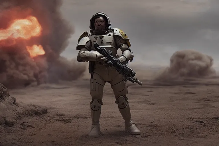 Image similar to VFX movie of a futuristic spacemarine in war zone, shooting gun natural lighting by Emmanuel Lubezki