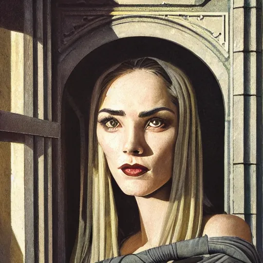 Image similar to detailed face of an intelligent scholarly woman with kind eyes in a architectonic capital courtyard at a science expo, atmospheric, ambient, pj crook, syd mead, livia prima, artgerm, greg rutkowski, nick alm, casey baugh