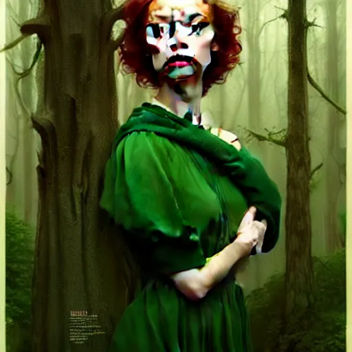 Prompt: gorgeous Kacey Rohl, realistic character concept, red hair, symmetrical face symmetrical eyes, green dress, forest, trees, shorter neck, illustration, cinematic lighting, artgerm, Tom Bagshaw, Norman Rockwell, insanely detailed and intricate, beautiful