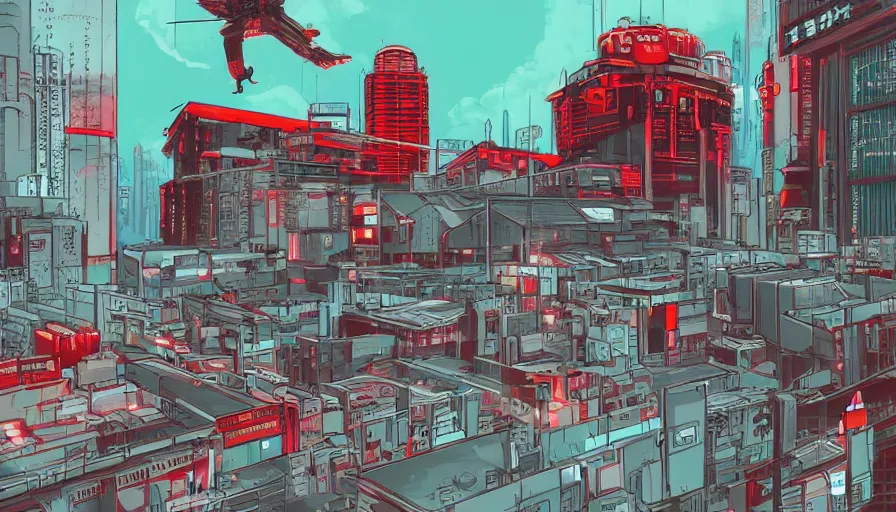 Prompt: Concept Art of neo-Tokyo Maximum Security Mint Bank, in the Style of Akira, Anime, Dystopian, Cyberpunk, Red Building, Helipad, Swat Security, Crypto Valut, Helicopter Drones, 19XX