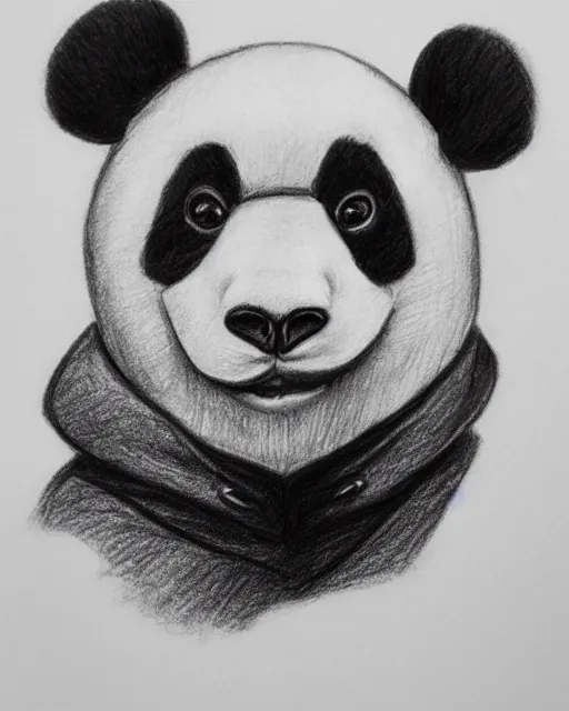 Image similar to a pencil drawing of an anthropomorphic panda wearing a hoodie on his head. head shot, by Pen Tacular