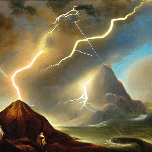 Prompt: people in Biblical clothing cower in fear at divine thunder and lightning emerging from Mt Sinai, action oil painting