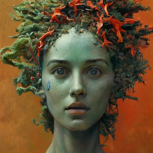 Image similar to a sculpture portrait made of seaweed and coral and shells and lilies, painting part by wojciech siudmak, part by ilya repin, part by max ernst, part by norman rockwell, artstation