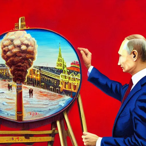 Image similar to vladimir putin, painting a painting of happy little hydrogen nuclear explosion in moscow red square, intricate, highly detailed, smooth, artstation,