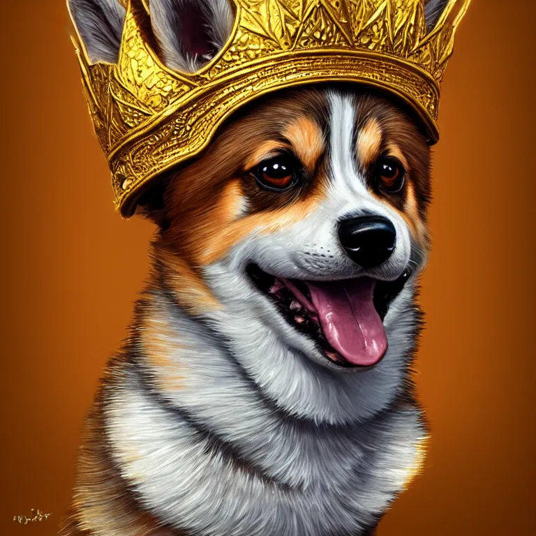 Prompt: highly detailed illustration of a portrait of a derpy corgi wearing a glinting golden crown, artstation, cinematic lighting, hyperdetailed, cgsociety, 8k, high resolution, art by artgerm, insanely detailed and intricate