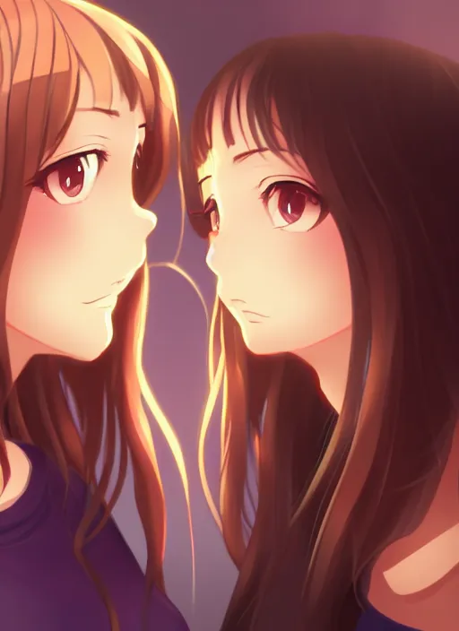 Image similar to two beautiful mothers staring at each other, casual clothes, gorgeous faces, smooth, thick lines, cinematic lighting, detailed anime art