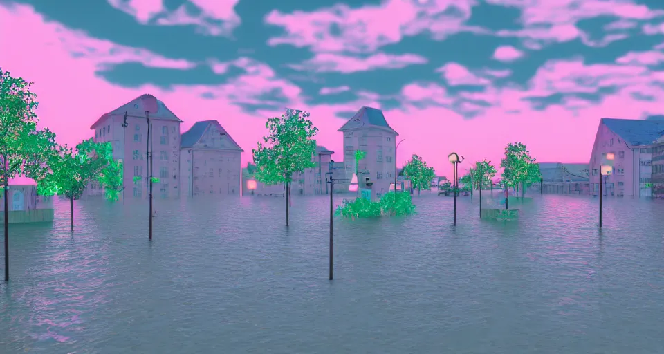 Image similar to 80s vaporwave outrun 3d Render of a german town being flooded at dusk, retro, grainy, noisy