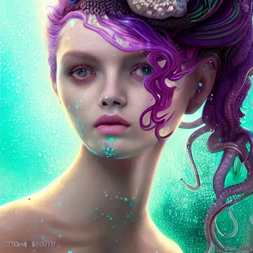 Prompt: tom bagshaw, ultra realist portrait waves miniatures underwater curiosities squids carnival, a single very beautiful dollpunk with long tentacles hairs in full underwater mermaid armor, symmetry accurate features, focus, very intricate ultrafine details, green purple aqua volumetric lights, award winning masterpiece, octane render 8 k hd