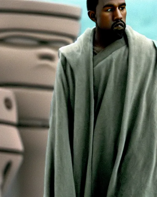 Image similar to film still close - up shot of kanye west as obi - wan kenobi from the movie return of the jedi. photographic, photography