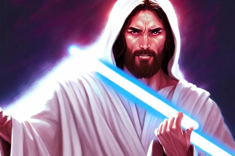 Image similar to jesus christ in a white robe fighting demons with, a lightsaber ; art by artgerm ; digital art ; character art ; star wars