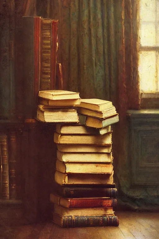 Image similar to soft colorsphotograph imax and solomon joseph solomon and richard schmid and jeremy lipking victorian loose genre loose painting full stack of books, bookish, book lover