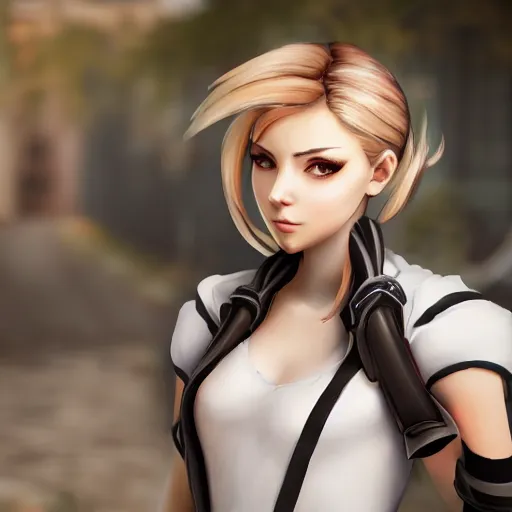 Image similar to a masterpiece portrait photo of a beautiful young woman who looks like a mercy from overwatch, random background scene