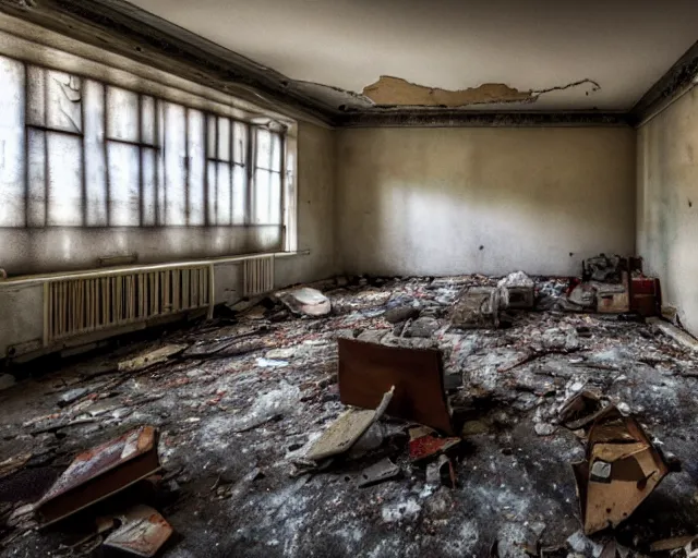 Prompt: Award winning photo of a living room of a flat abandoned a month ago, urban exploring, 4k, high quality