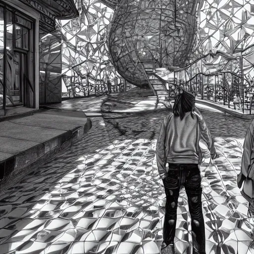 Prompt: berlin bumlife with my two friends v and v, in the style of james jean, artstation trending, 8 k, 3 d render, photorealistic, volumetric lighting caustics, black and white