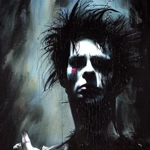 Prompt: stunning portrait of gaunt ( sid vicious ) a ( the cure fan ) as dream from sandman, dim stars as eyes, by jeremy mann, by cedric peyravernay, by by russ mills, by richard avedon and ben templesmith, dramatic lightning, sadness, dark eye sockets, in the shadows, punk rock, gothic, high detailed, 8 k