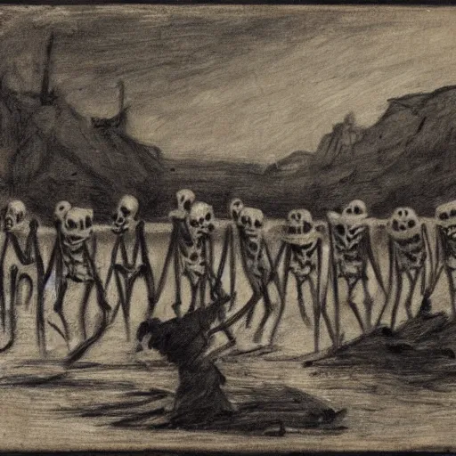 Image similar to an army of skeletons rising from a river by alfred stevens, charcoal