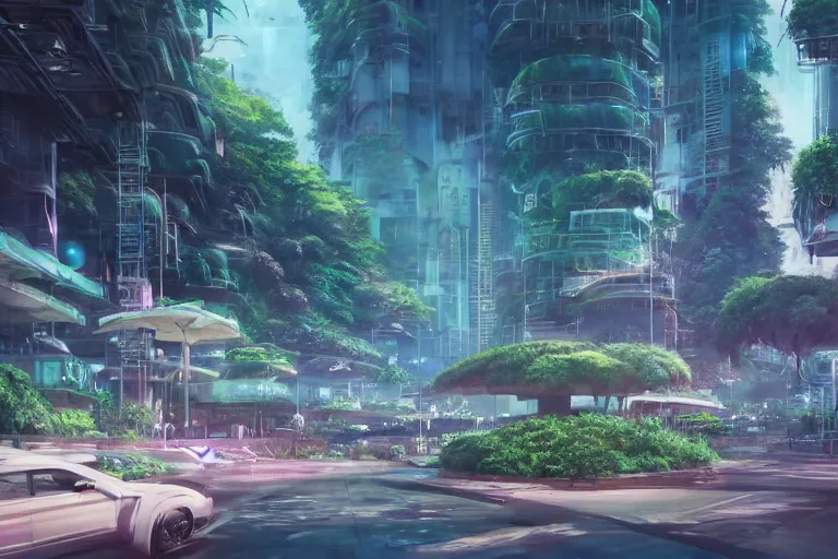 Image similar to futuristic city, lush vegetation, humid, early evening, cloudy, beautiful, dull pastel colors, realistic, hyper detailed, octane render, trending on artstation by yoshitaka amano and makoto shinkai, studio ghibli style