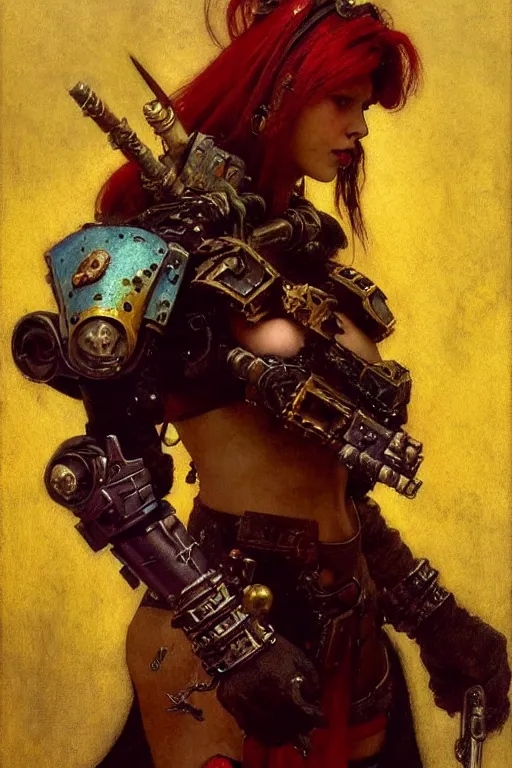 Image similar to full character portrait max mad cyberpunk warhammer 4 0 k, barbarian tech priest supersoldier not the girl with the pearl earring character design, painting by gaston bussiere, katsuya terada, nc wyeth, greg rutkowski, craig mullins, vermeer, frank frazetta, mucha, tom of finland, trending on artstation, jeffery catherine jones