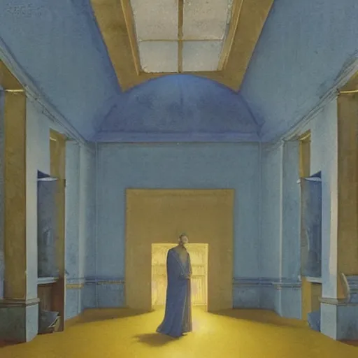 Image similar to procession in a blue and gold haunted liminal abandoned temple, watercolor by gottfried helnwein, by hammershøi, art noveau, highly detailed, lights by edward hopper, liminal, eerie, bright pastel colors