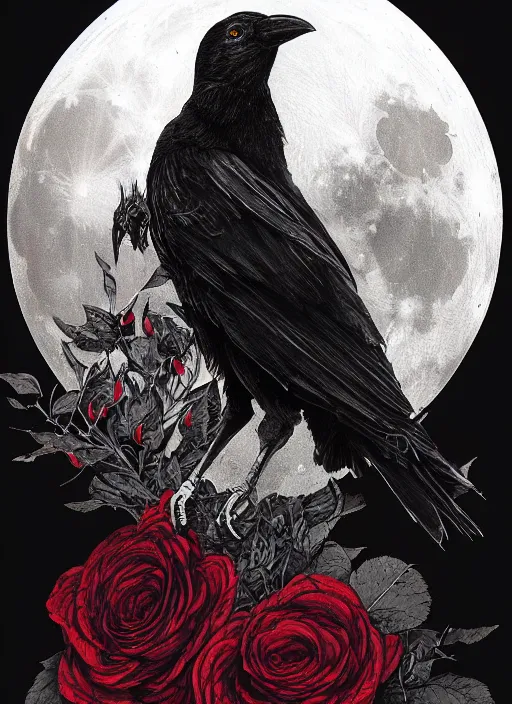 Image similar to portrait, A crow with red eyes in front of the full big moon, book cover, red roses, red white black colors, establishing shot, extremly high detail, foto realistic, cinematic lighting, pen and ink, intricate line drawings, by Yoshitaka Amano, Ruan Jia, Kentaro Miura, Artgerm, post processed, concept art, artstation, matte painting, style by eddie mendoza, raphael lacoste, alex ross