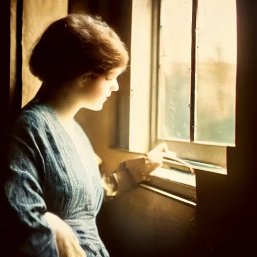 Image similar to a vintage 1 9 1 0 s kodachrome slide of a young woman at home looking out a window.