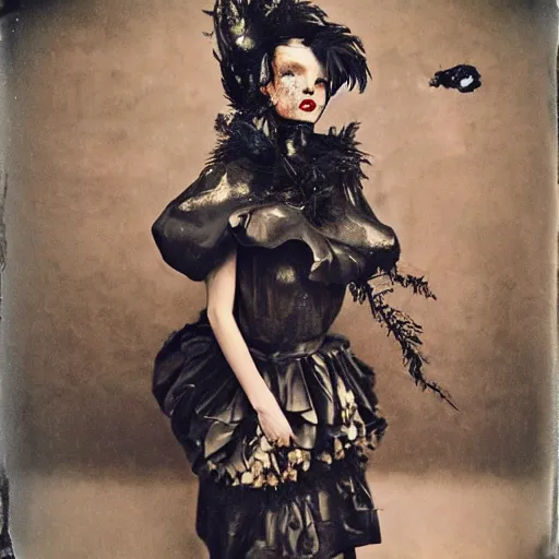 Image similar to damaged kodak portra 4 0 0, wetplate, photo of a surreal artsy dream scene,, very beautiful model, weird fashion, grotesque, extravagant dress, strange pose, carneval, with an animal, wtf, photographed by paolo roversi style