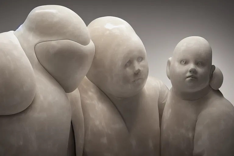 Image similar to alabaster sculpture of the Bibendum family portrait model illuminated from behind, Michelin Man family portrait, luminescence scattered light, sculpture, photograph, studio lighting, product photography, while marble, figurine, cryengine,